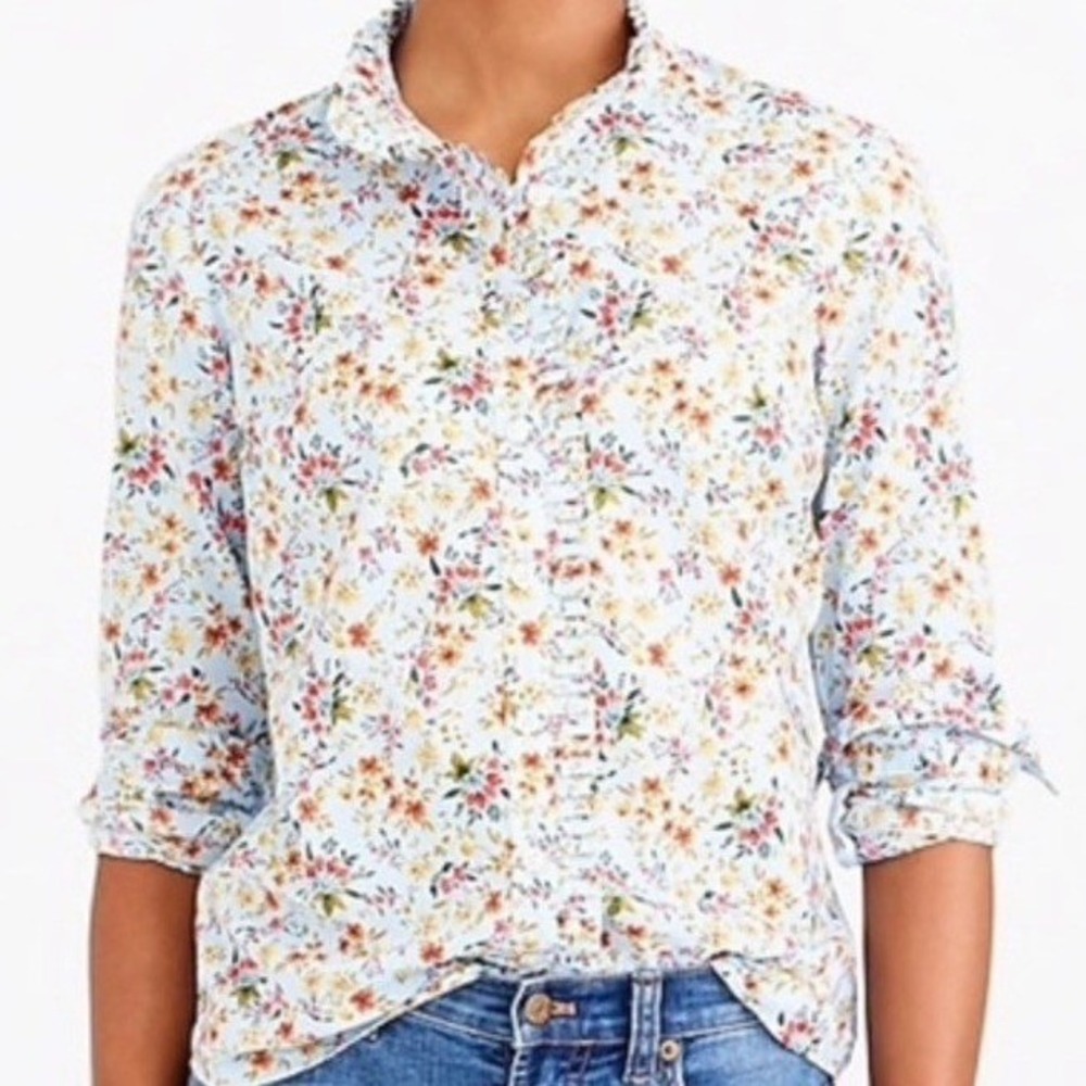 J.Crew Mercantile Women Blue Floral Ruffle Collar Cotton Button Down Shirt XS